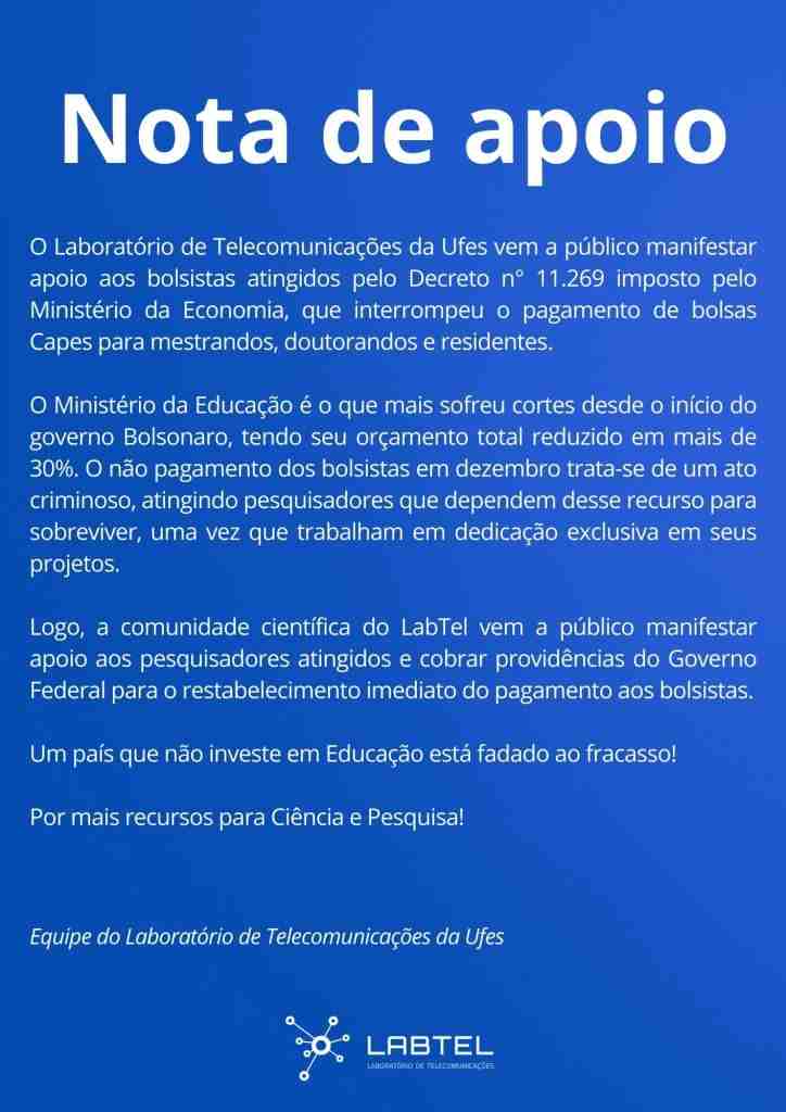 Nota contra os cortes orçamentários e em apoio aos bolsistas